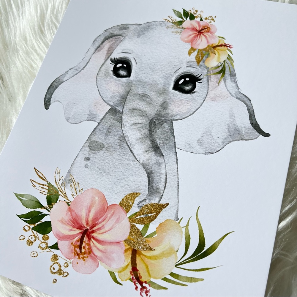 Cute Watercolor Floral Elephant Wall Art Print Poster Unframed - Picture 15 of 15